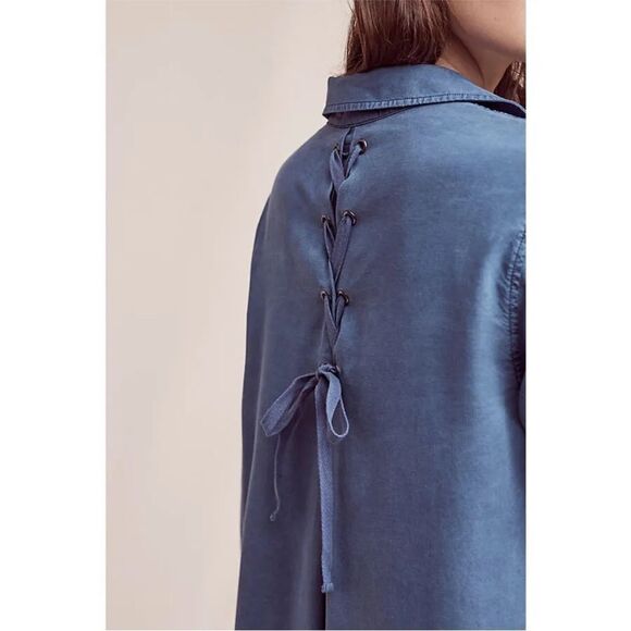 Cloth & Stone Farryn Laced-Back Chambray Denim Tencel Shirtdress, Small - Picture 3 of 11